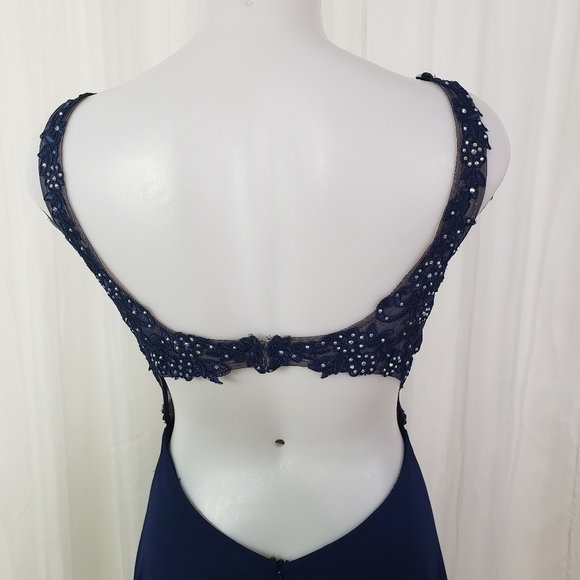 Blondie Nites Stacy Sklar navy blue formal dress openback rhinestone high slit 5 - Picture 9 of 13